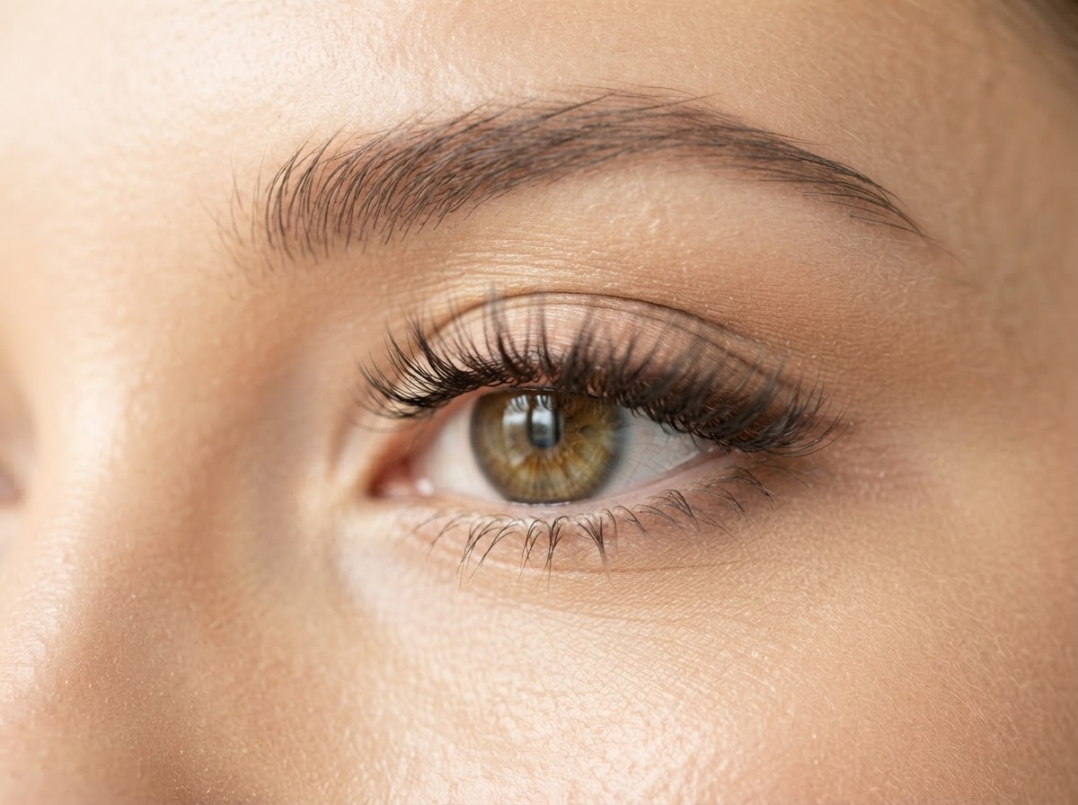 Close-up of a hybrid lash set mixing classic and volume lashes