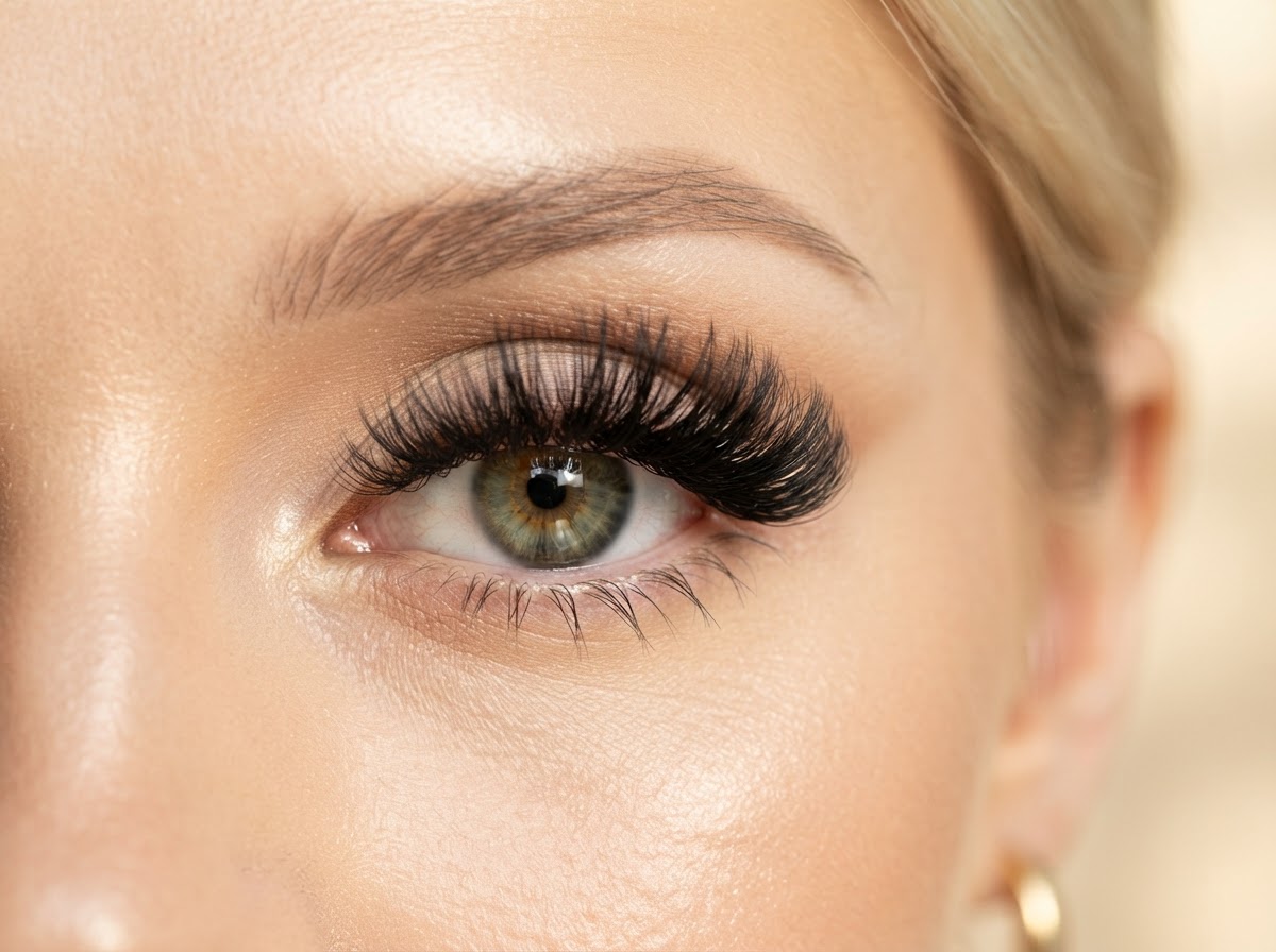 Close-up of a full volume lash set with handmade fans