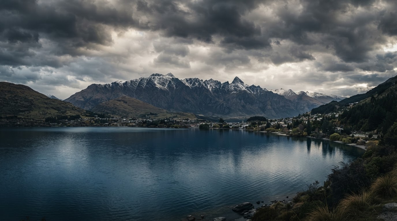 Panoramic Queenstown landscape with vast mountain range and deep blue lake