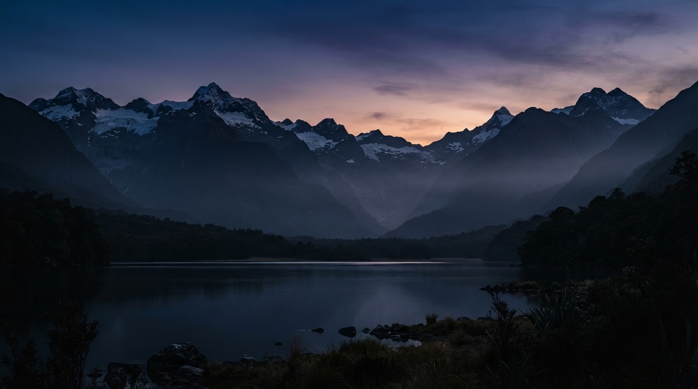 Dramatic New Zealand mountain range at dusk with deep twilight sky