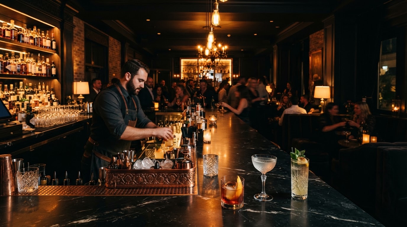 Exclusive upscale cocktail lounge at night with moody amber lighting and premium cocktails