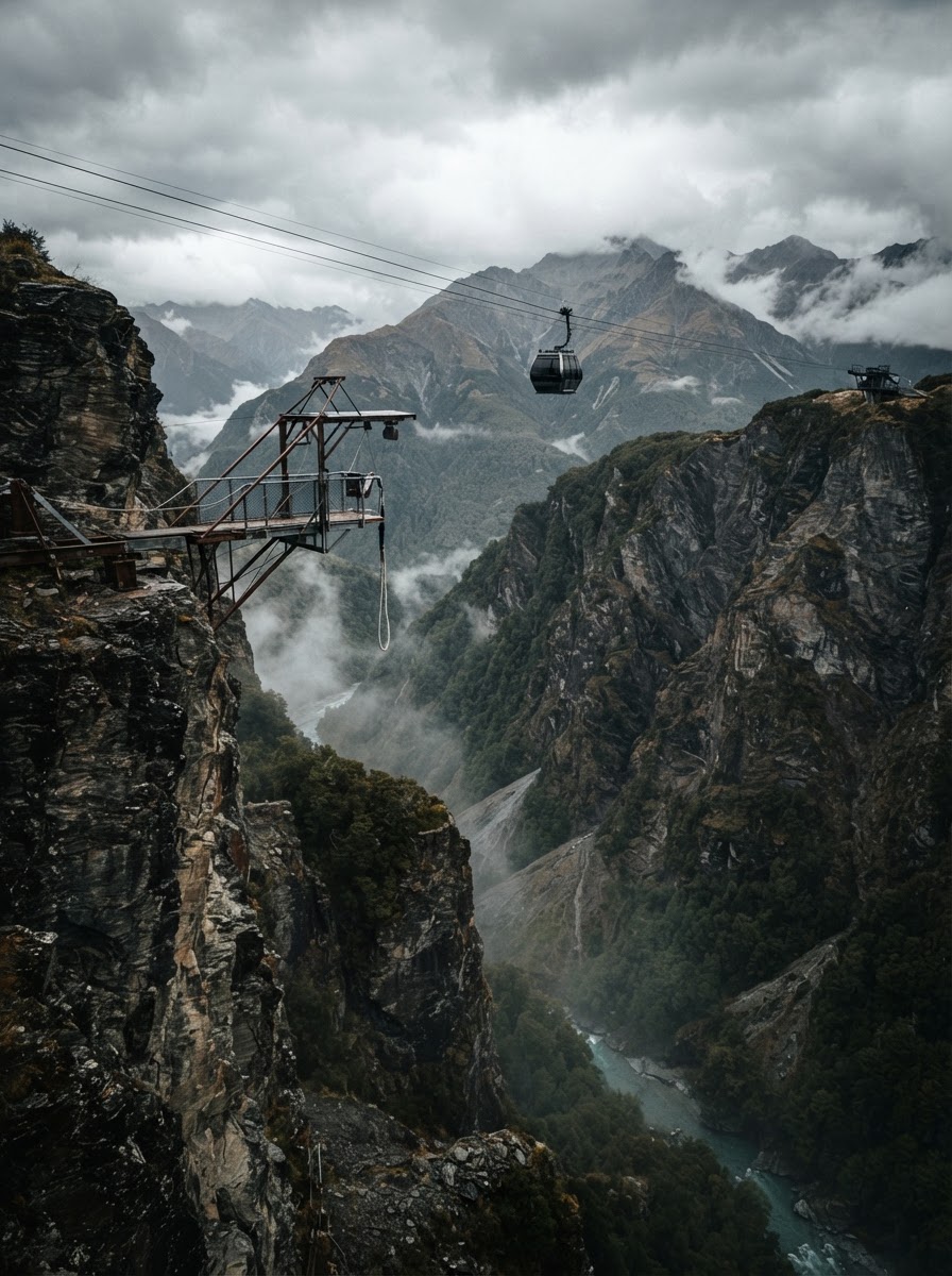 Nevis Bungy platform and canyon high above the New Zealand mountains
