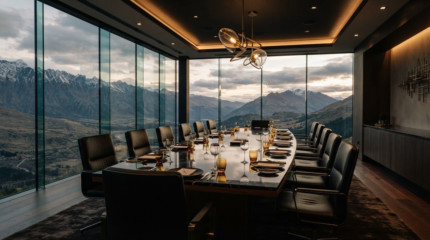 Luxury modern boardroom interior with sleek black table and dramatic mountain views