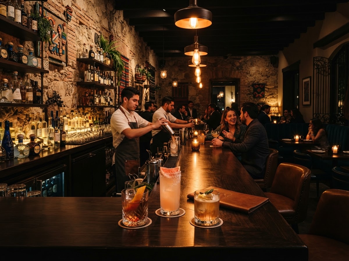 Upscale Mexican restaurant interior with warm amber lighting and premium cocktails