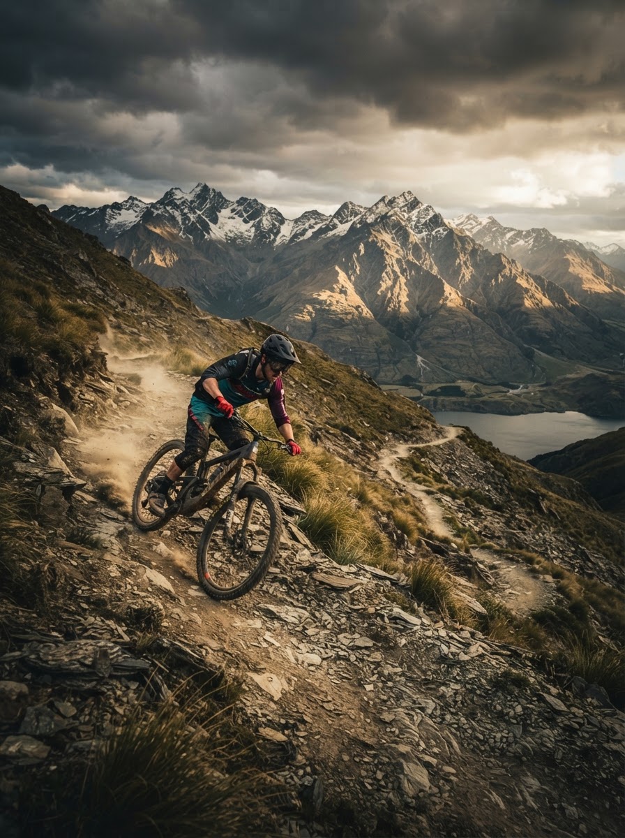 Mountain biker descending dramatic Queenstown alpine trails surrounded by mountains