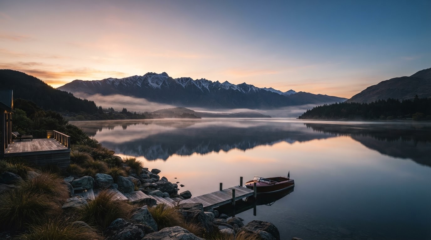 Calm Lake Wakatipu at sunrise with dramatic mountain silhouettes and soft mist