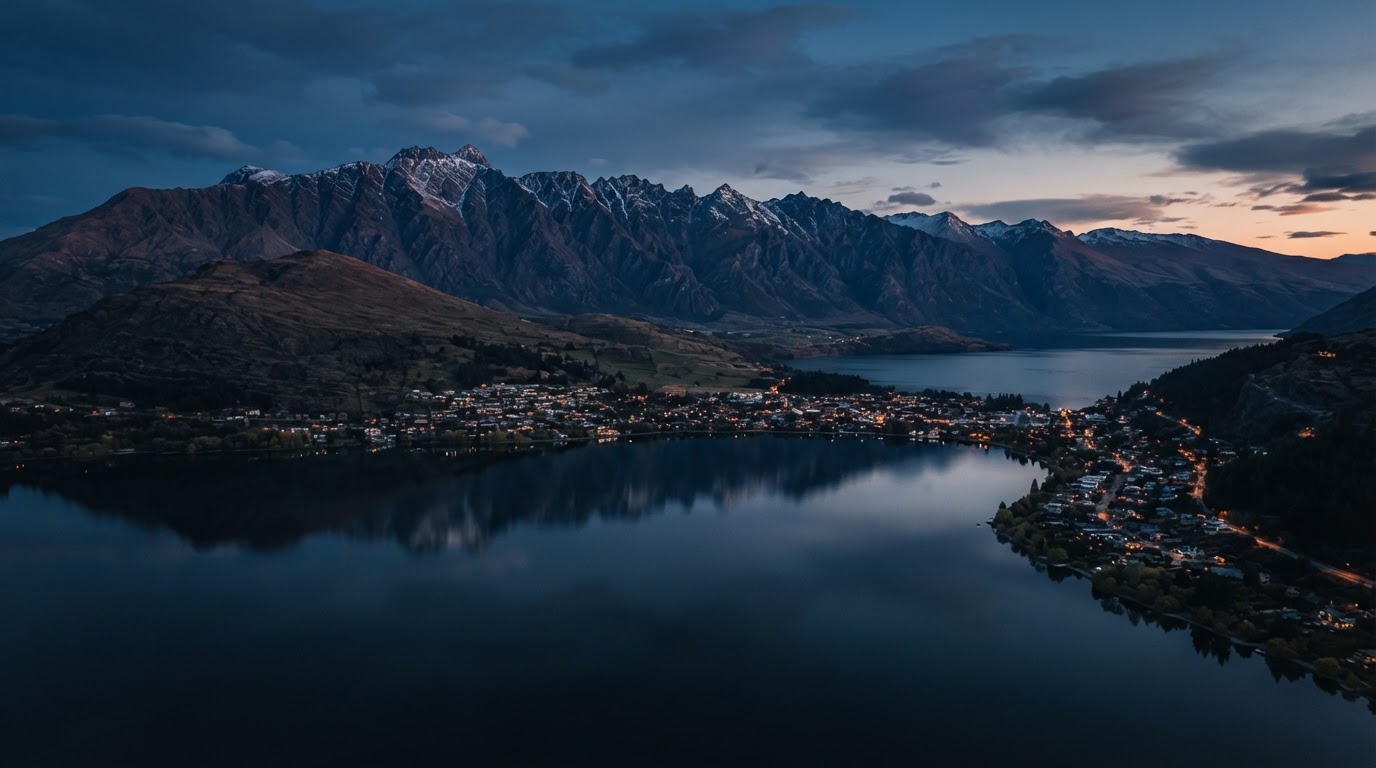 Dramatic Queenstown mountain range reflected in Lake Wakatipu at dusk