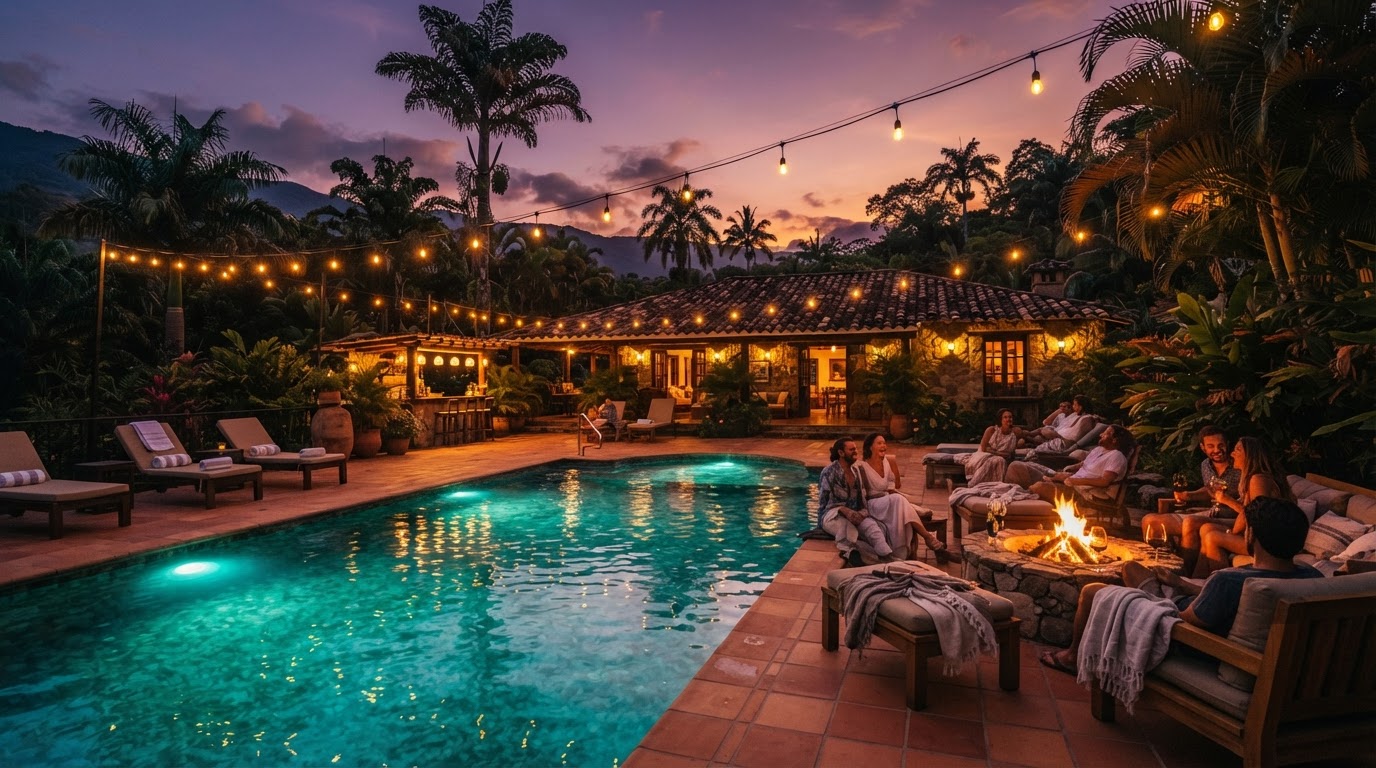 Zona social de la finca al atardecer lista para celebrar