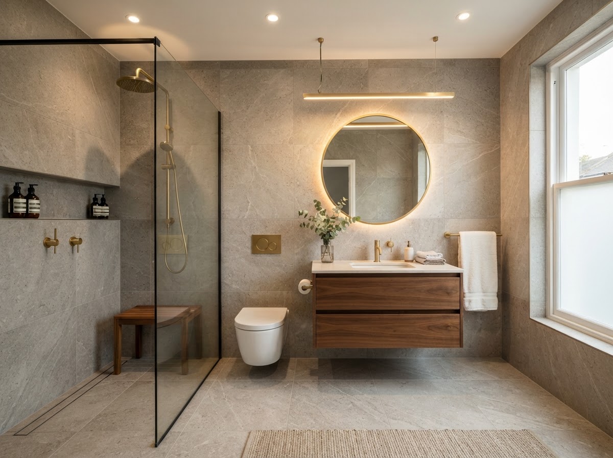 Bad nach der Renovierung — moderne Großfliesen und Walk-in-Dusche