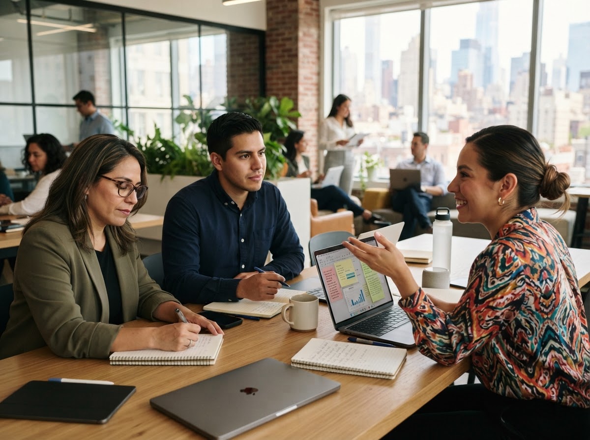 Equipo interdisciplinario de profesionales en una conversación colaborativa.