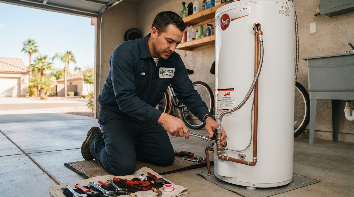 Professional Steadfast plumber replacing an electric water heater in an Arizona home