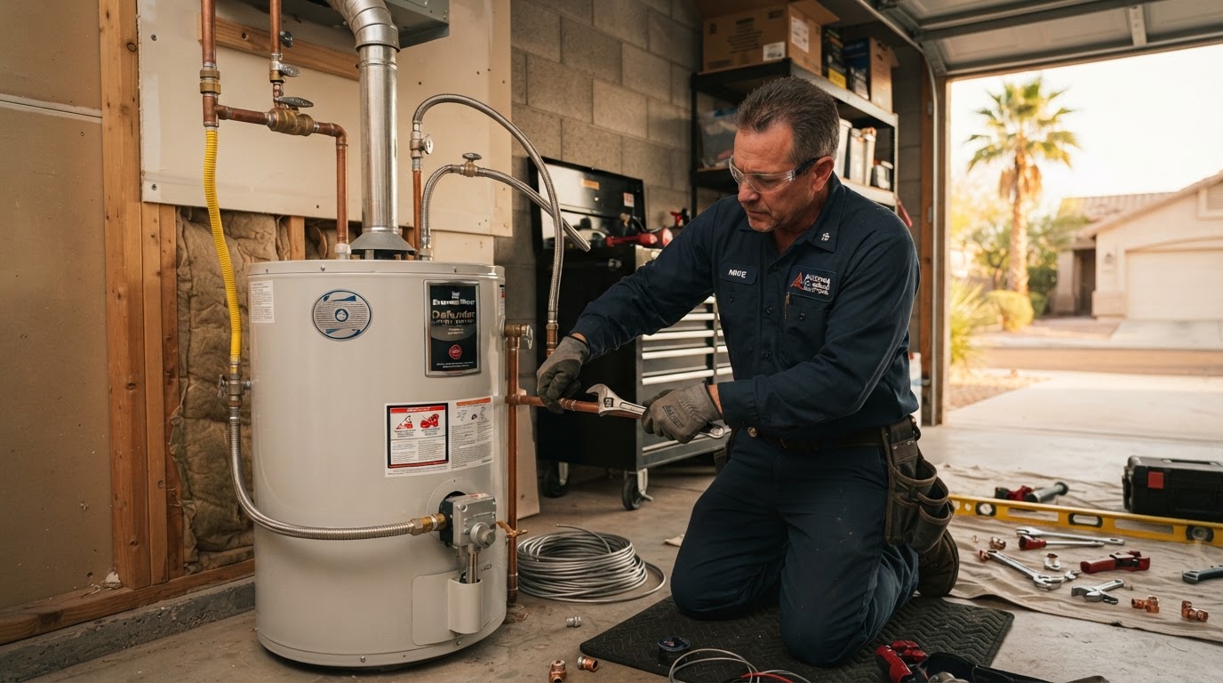 Professional plumber installing a gas water heater in an Arizona home