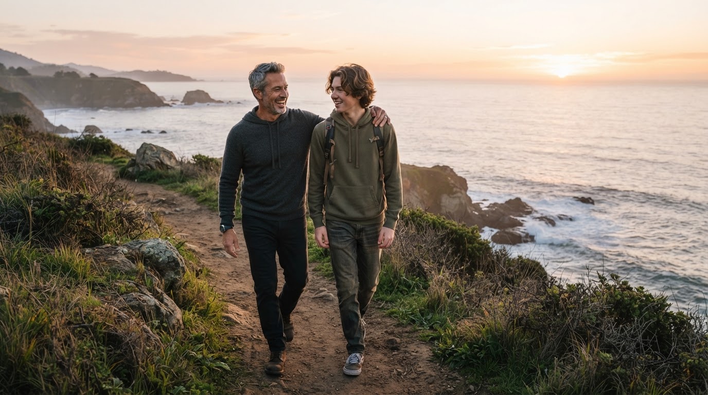 Father and teenage son walking together in grateful morning light