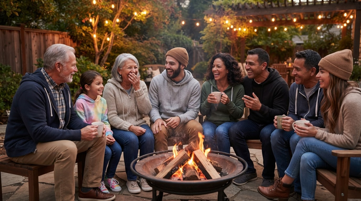 Friends gathered around a backyard fire in warm conversation