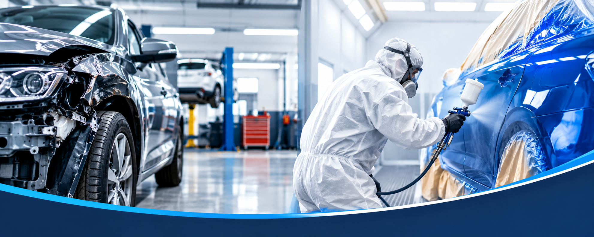 Car being painted and repaired in auto collision shop