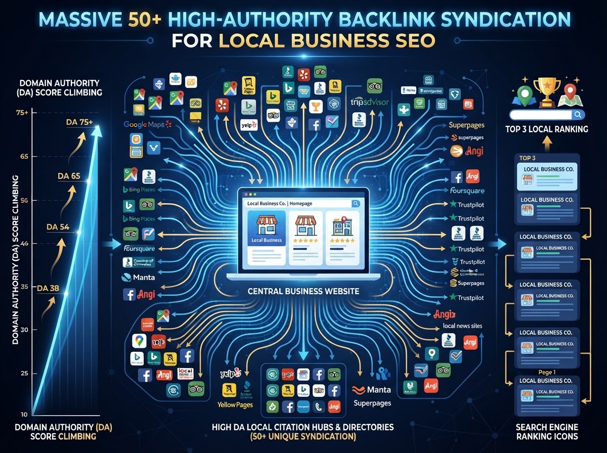 50+ High-DA Local Citations, NAP Syndication, Voice & AI Search Ready
