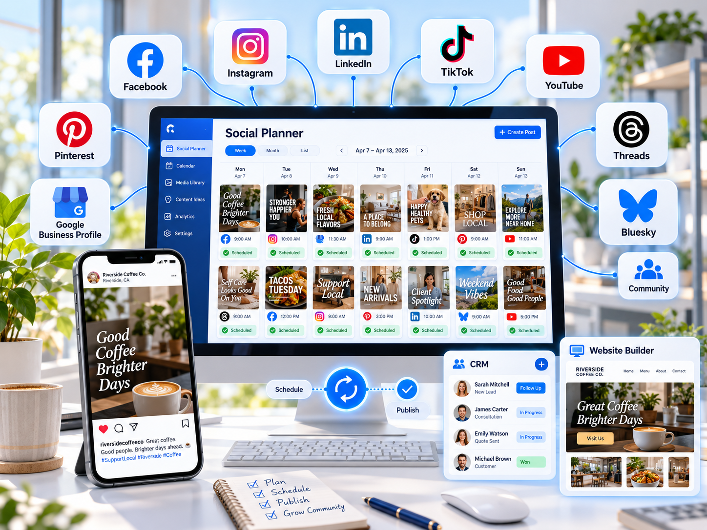 Marketing CRM, site builder, and multi-channel social media planner suite