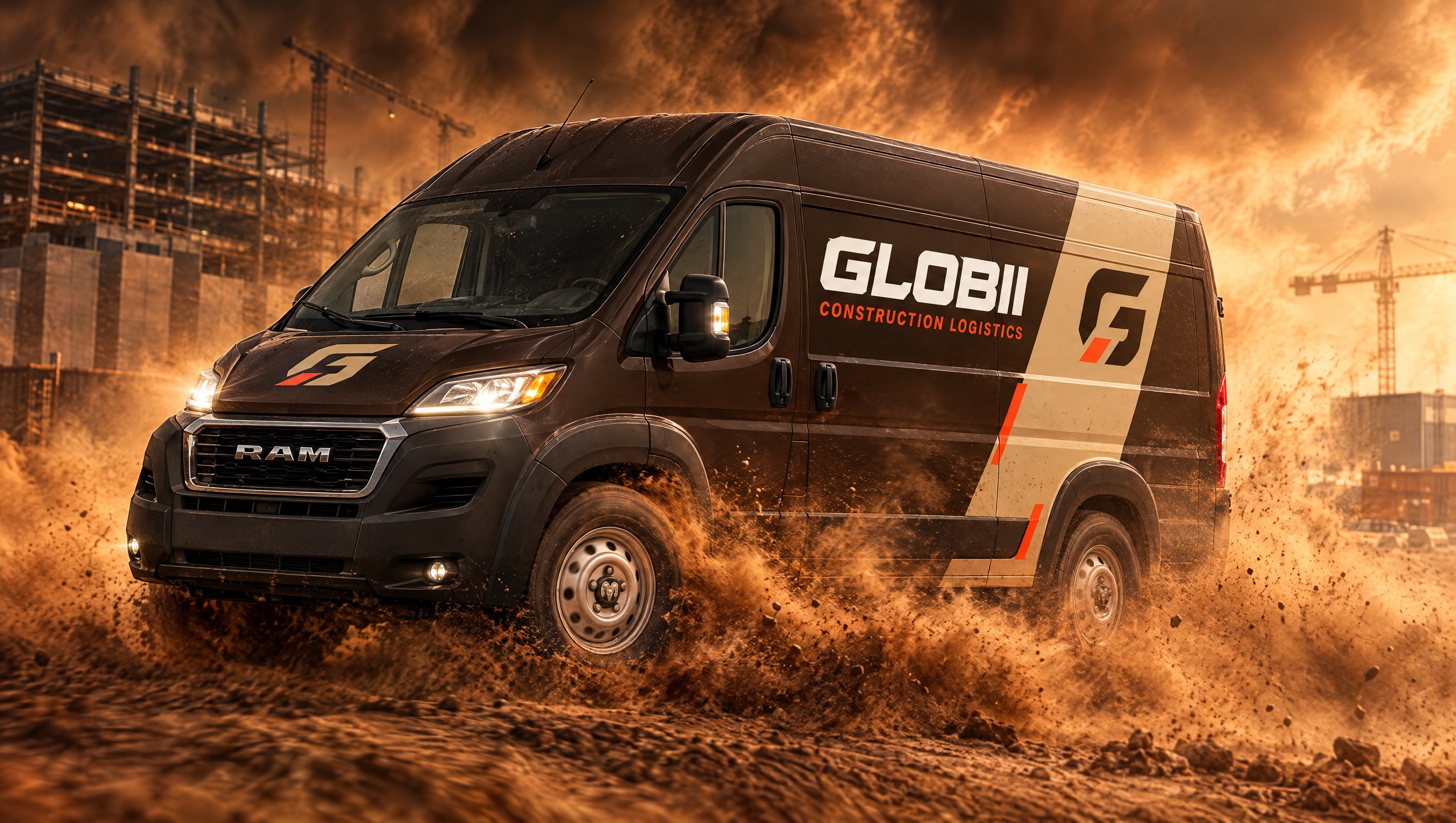 GLOBII cargo van at a dusty data center construction site in Dallas–Fort Worth, ready for a same-day material run