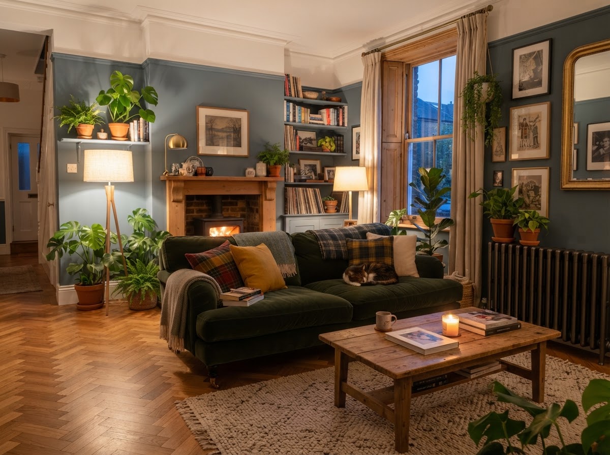 Warm, cozy British home living room with comfortable modern heating