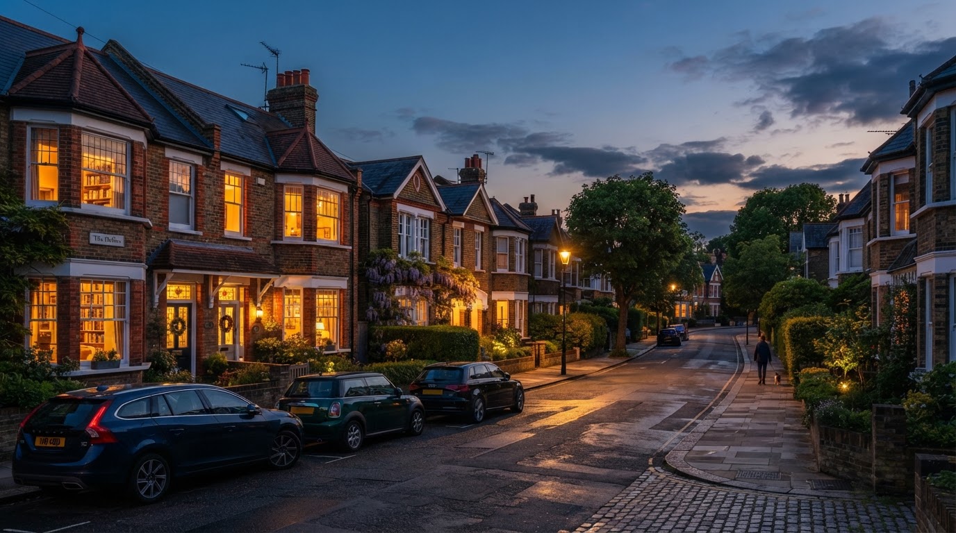 Warm English neighborhood at dusk