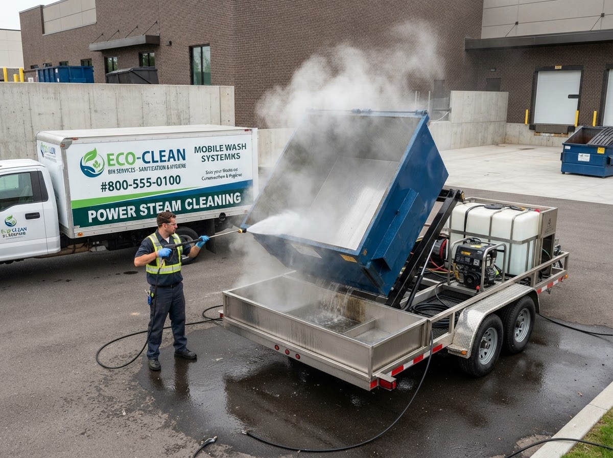 Porters mobile bin sanitization unit pressure-washing commercial garbage cans