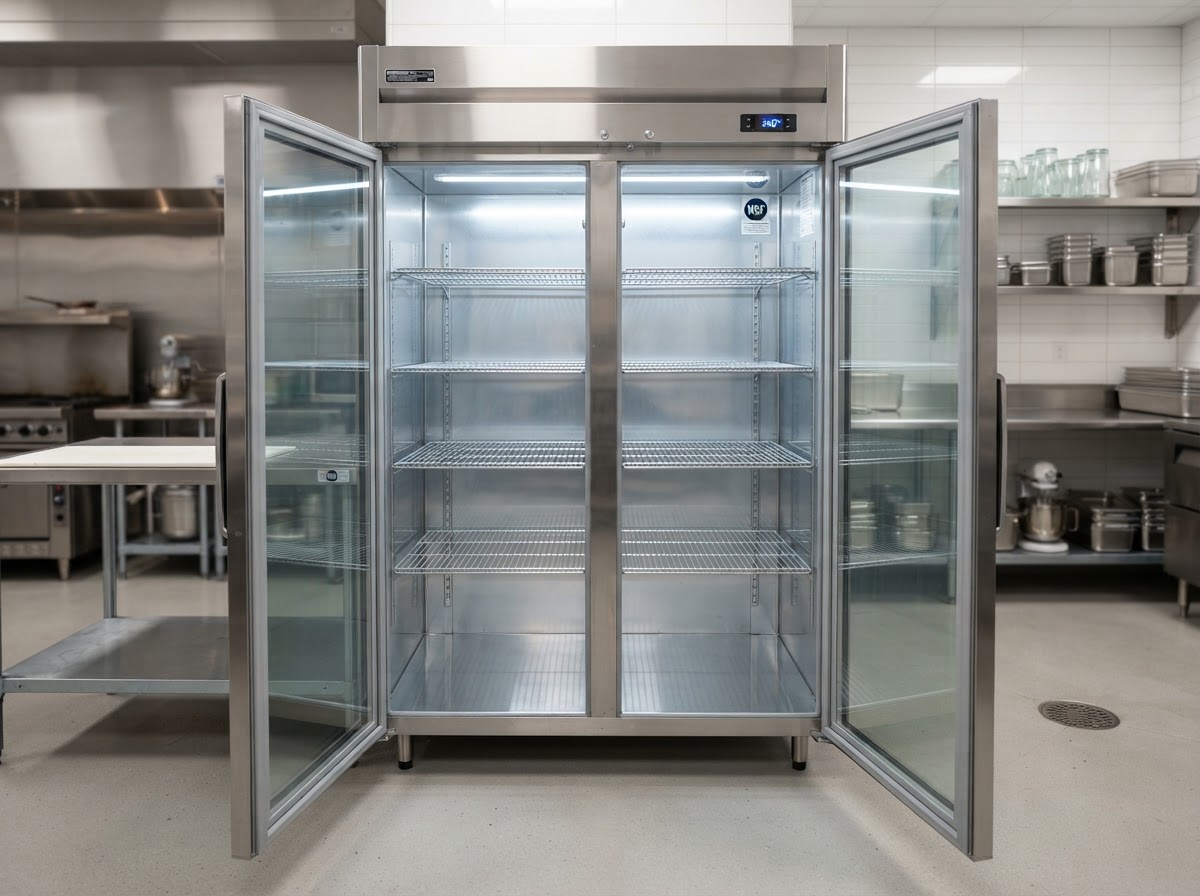 Porters technician deep-cleaning commercial breakroom appliances and refrigerators