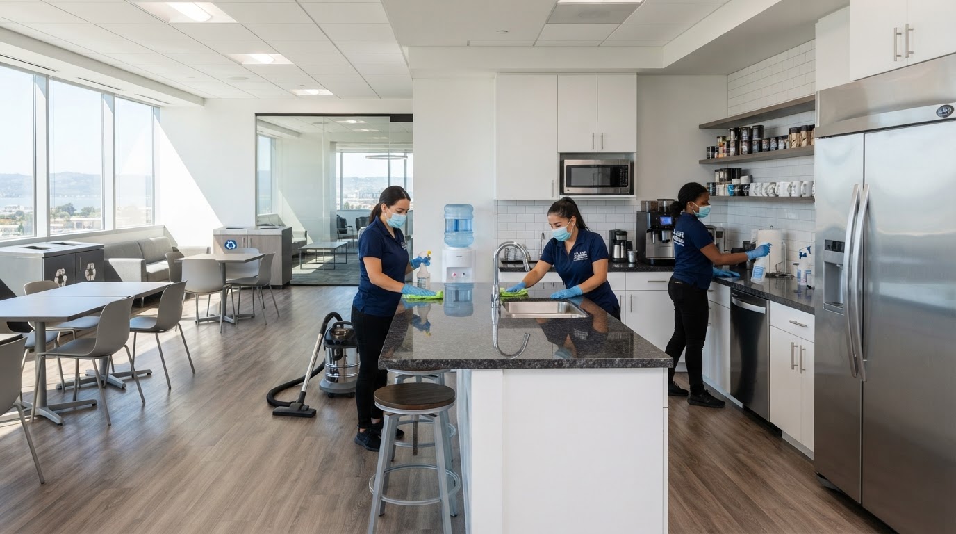 Porters team deep-cleaning a commercial office breakroom kitchen in South San Francisco
