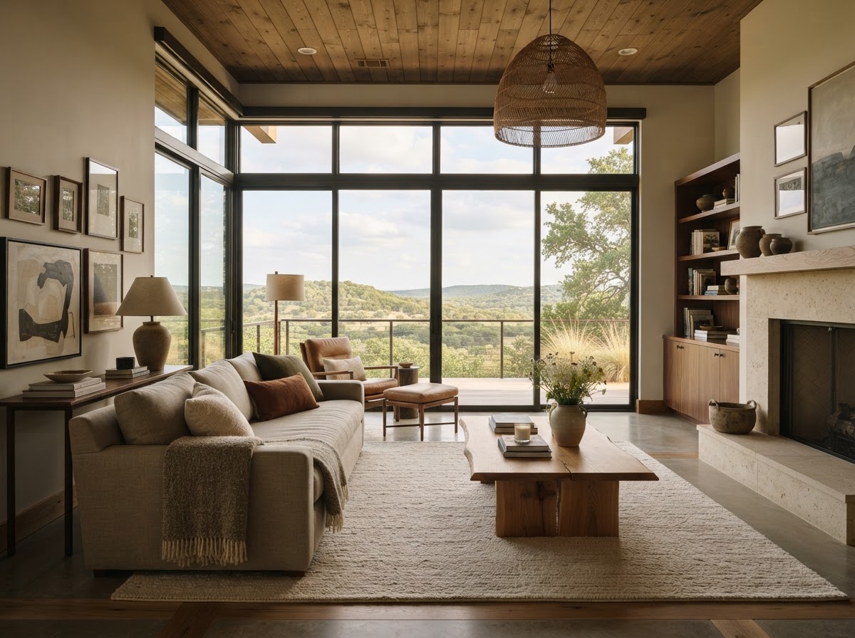Bright modern living room with hill country views
