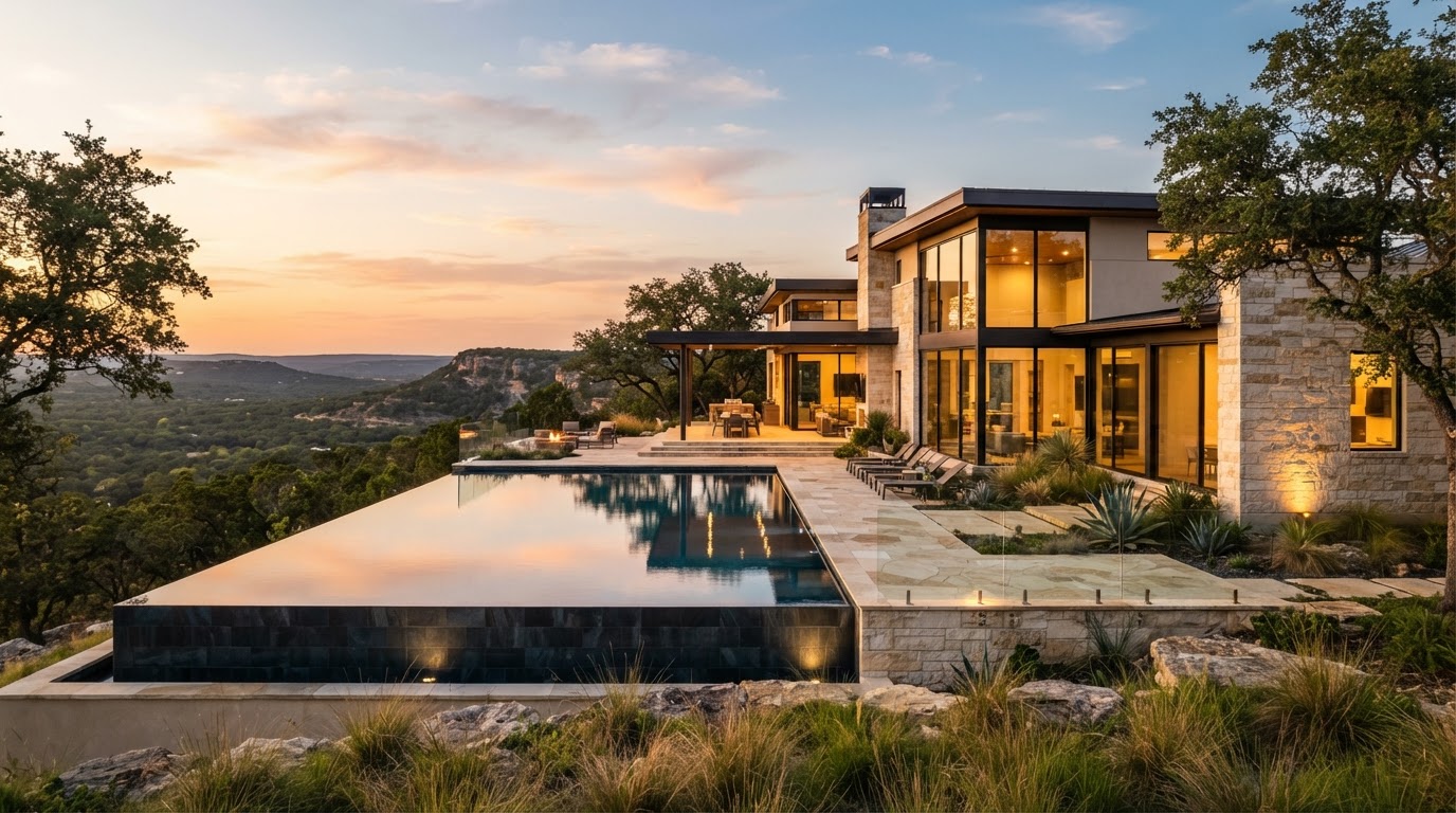 Luxury Texas hill country home at golden hour