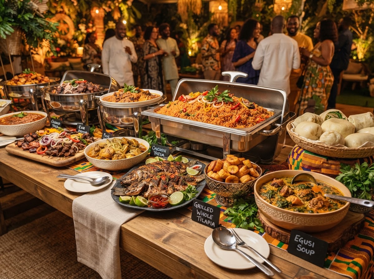 A West African catering spread for events