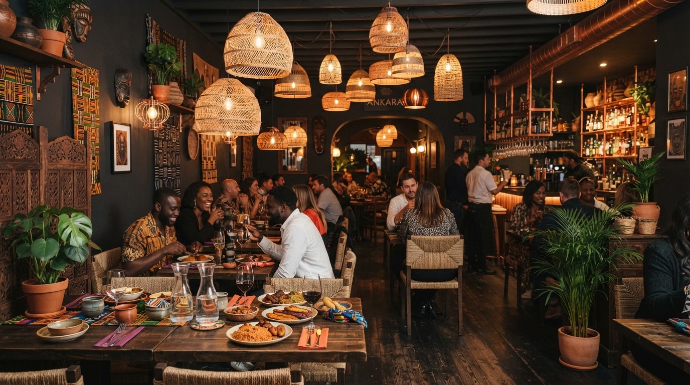 The warm, inviting interior of Aggie's African Restaurant