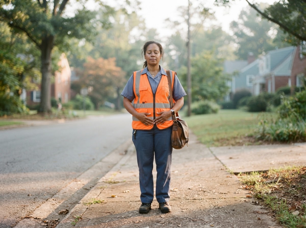 A worker in a high-visibility vest taking slow grounding breaths outdoors on a quiet street