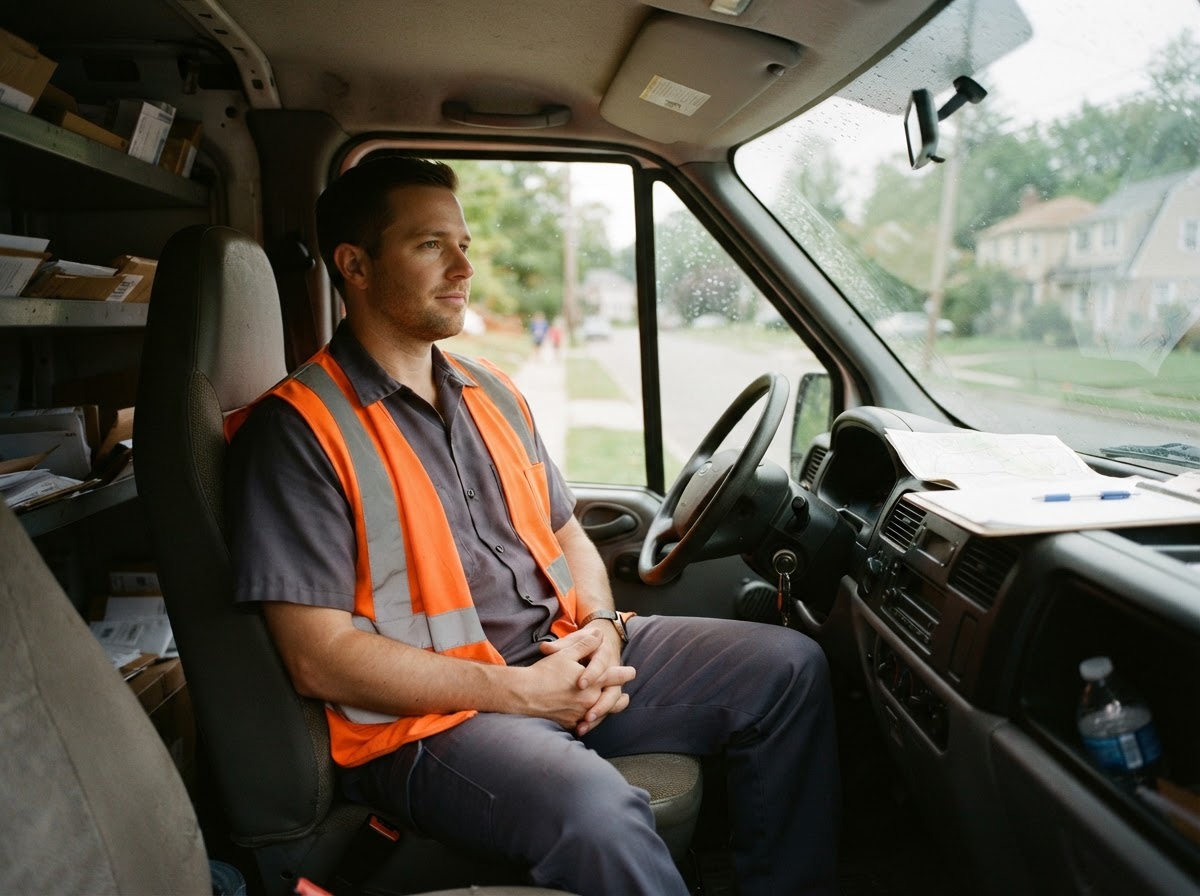 A male worker in a high-visibility vest taking a quiet moment of reflection in a delivery van