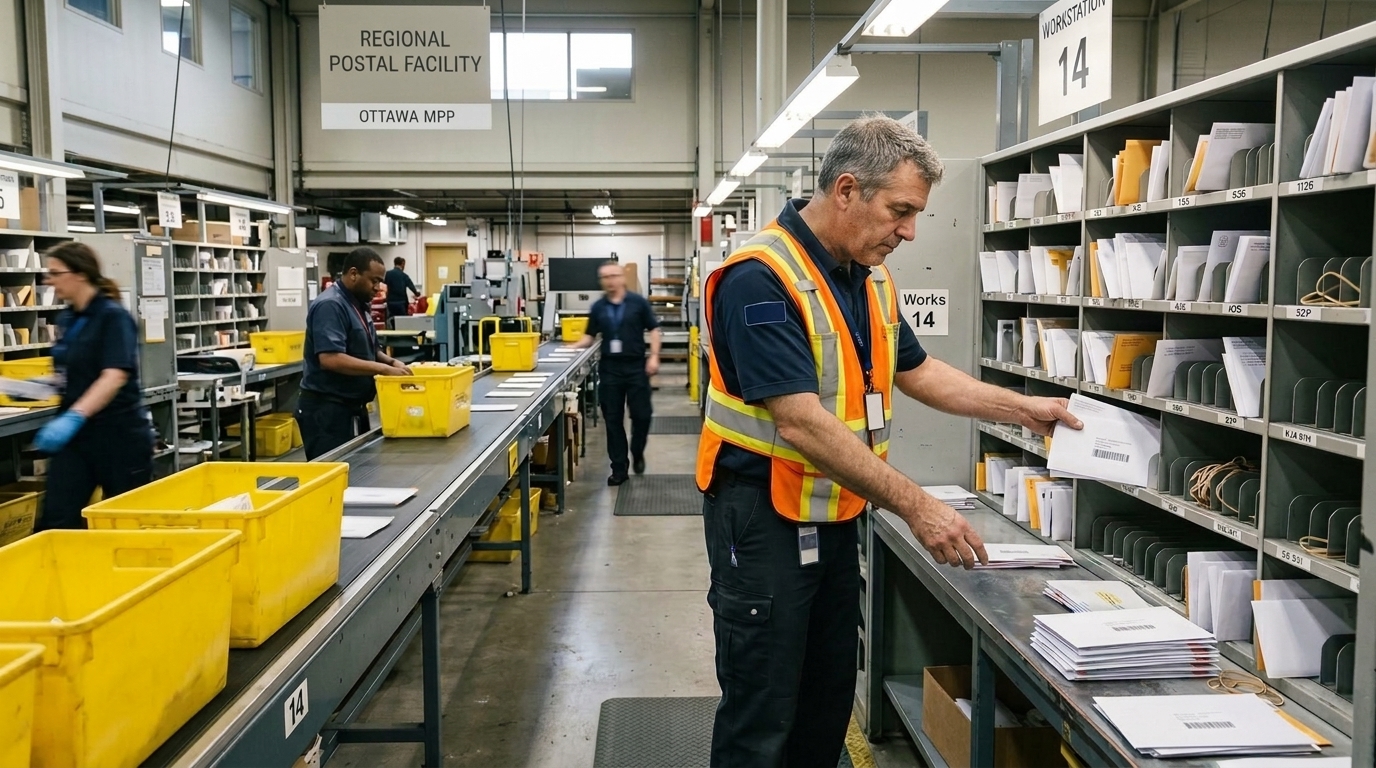 Postal facility worker in a high-visibility safety vest sorting mail at a sorting plant workstation