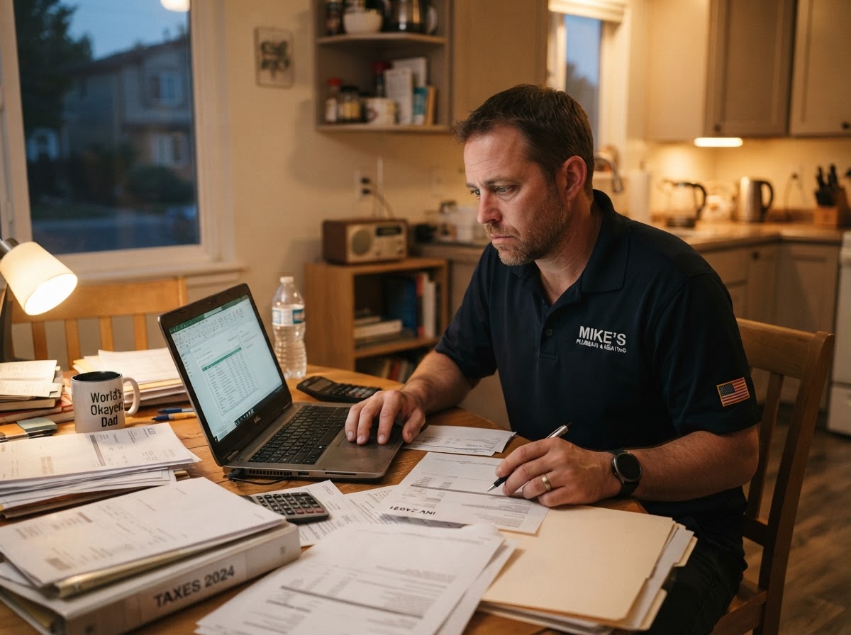 Local trades business owner busy late on laptop handling invoices and paperwork