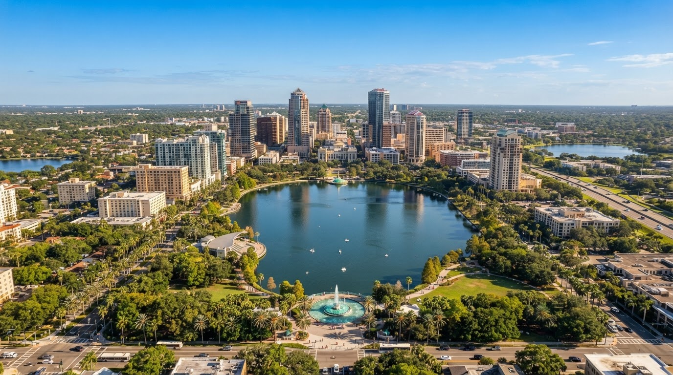 Aerial daytime view of the Greater Orlando Florida skyline with Lake Eola and palm-lined boulevards