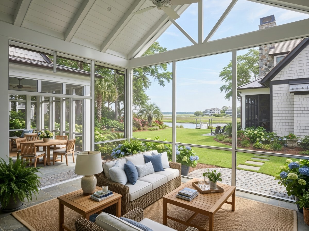 Luxury screened patio and sunroom overlooking a professionally landscaped coastal residential property