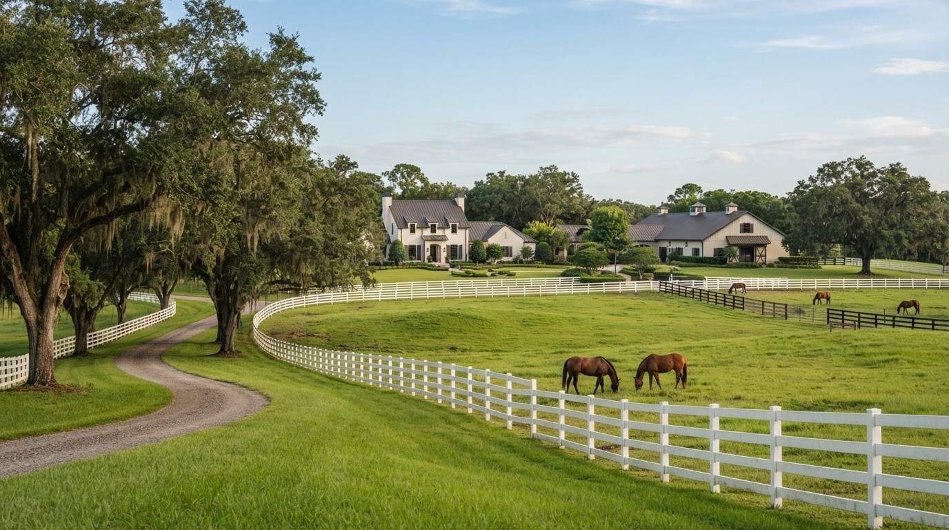 Daytime view of Ocala Florida horse-country rolling pastures with mature oak trees and a residential property