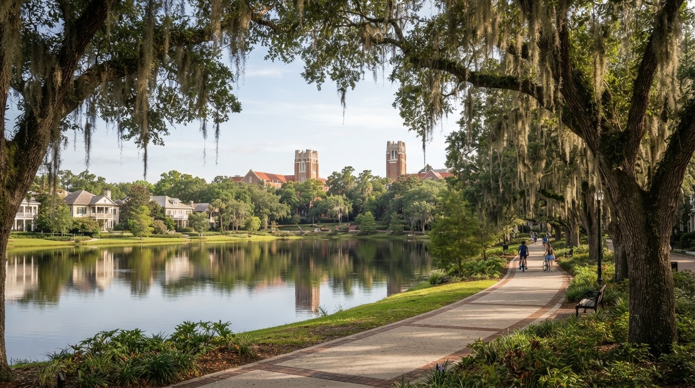 Daytime view of Gainesville Florida with mature live oaks draped in Spanish moss, a calm lake and residential surroundings