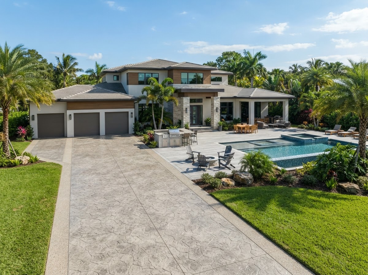 Upscale Florida property featuring a newly finished decorative concrete driveway and expansive professionally installed patio
