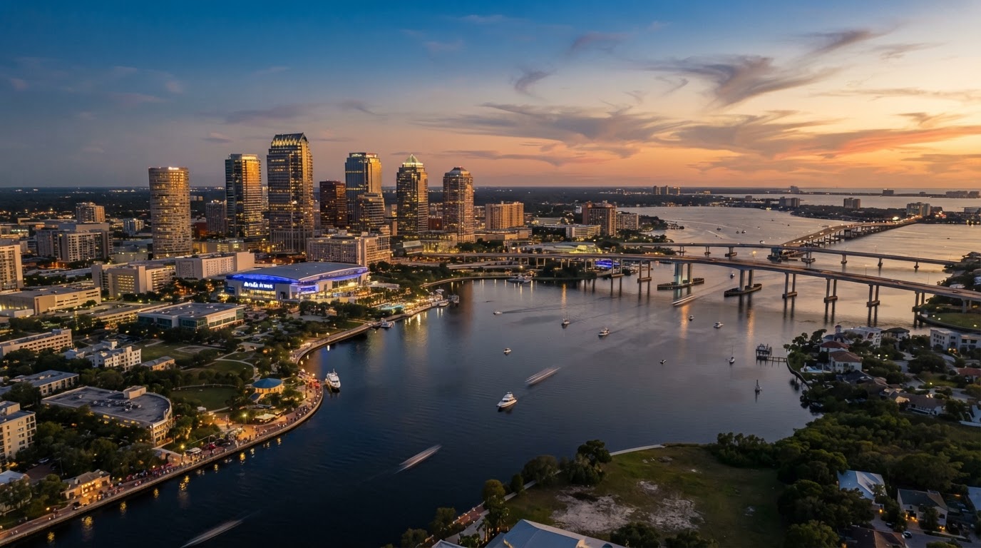 Aerial twilight view of the Tampa Bay Florida waterfront skyline and Hillsborough Bay