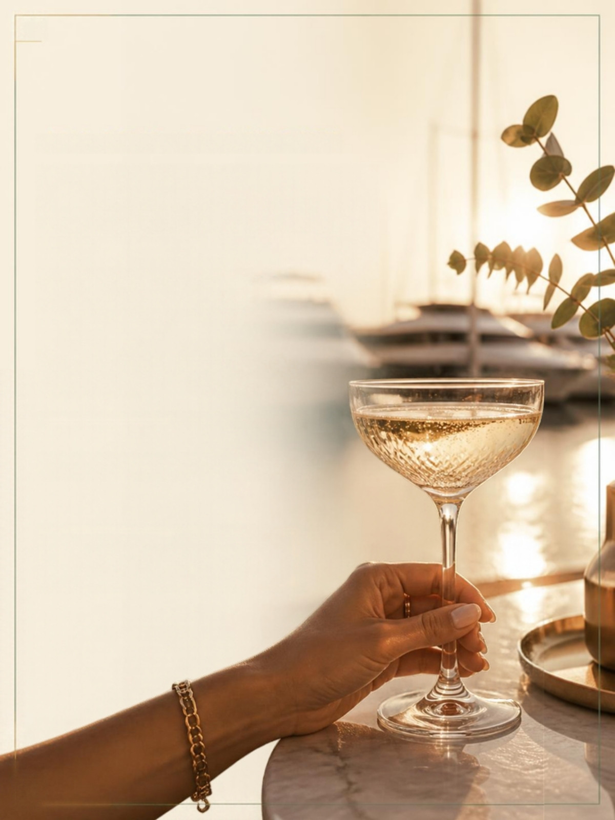 Champagne by a marina at golden hour