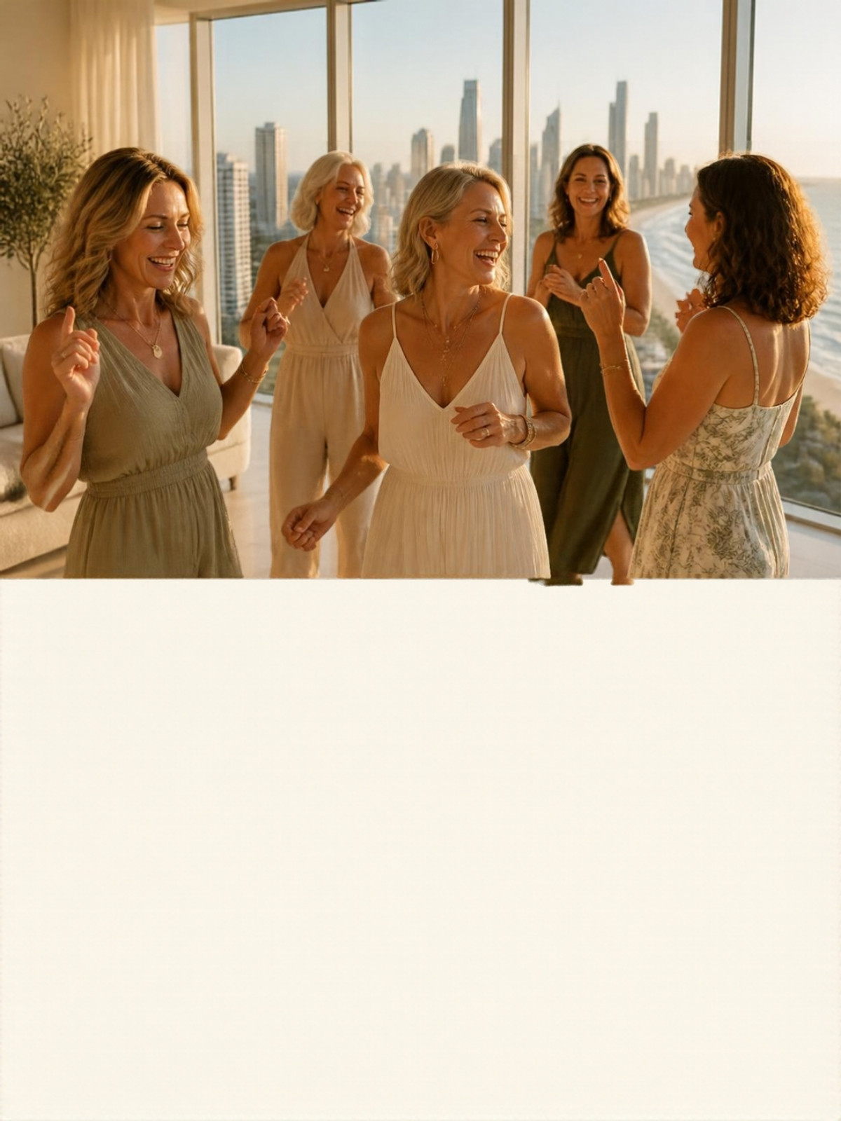 Women dancing together in a high-rise with an ocean view