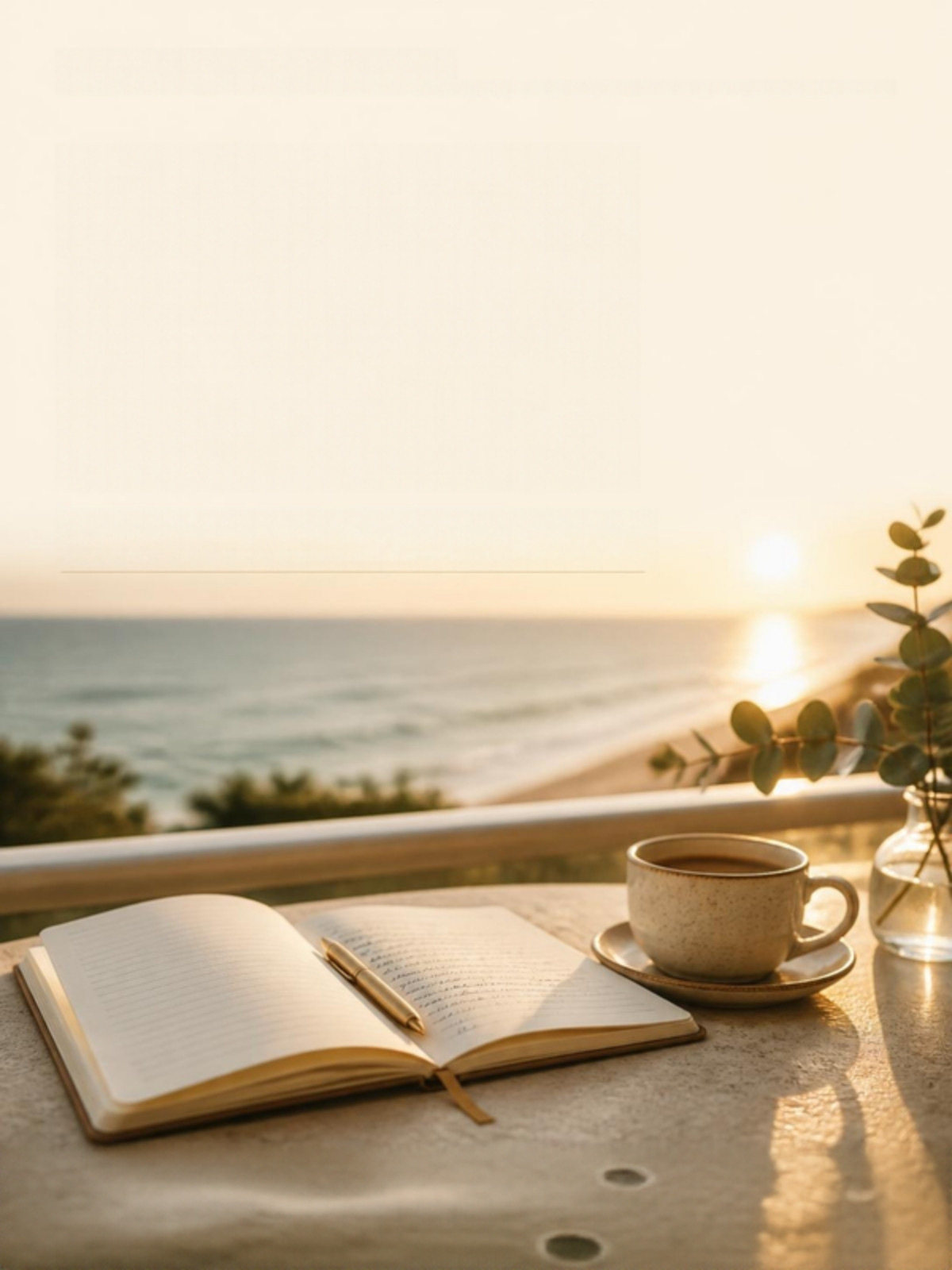 A linen journal and a cup of coffee on a sunlit balcony
