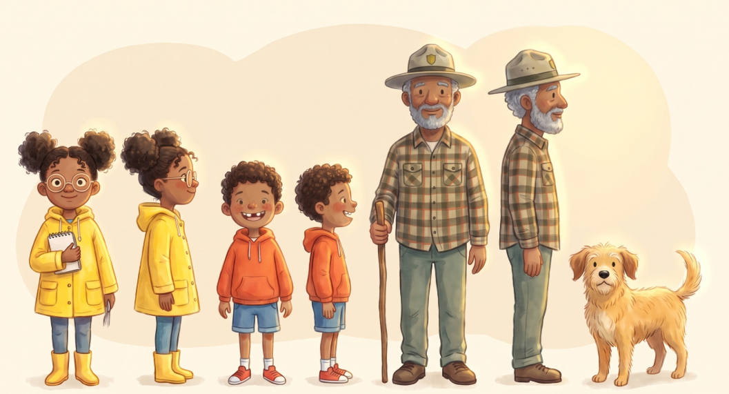 Original storybook character designs: Maya in yellow with glasses, Leo in orange, Pop in a ranger hat, and golden dog Biscuit.