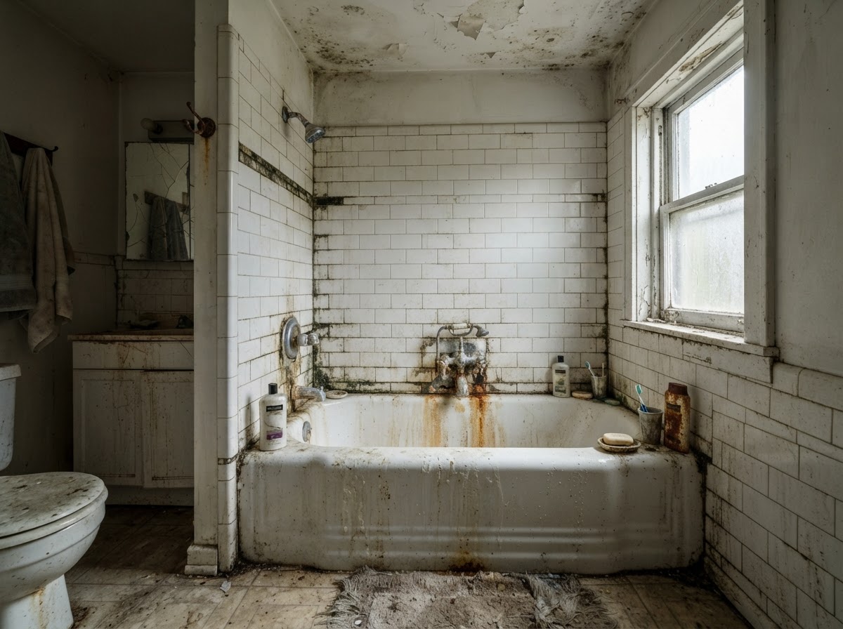 A grimy bathroom with soap scum and hard-water stains before a deep cleaning