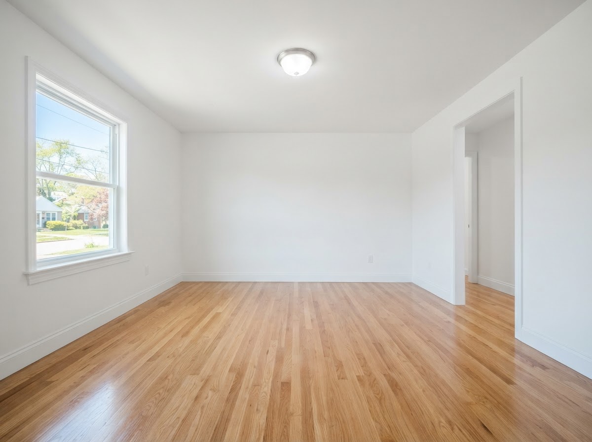 The same empty living room swept and move-in ready after cleaning