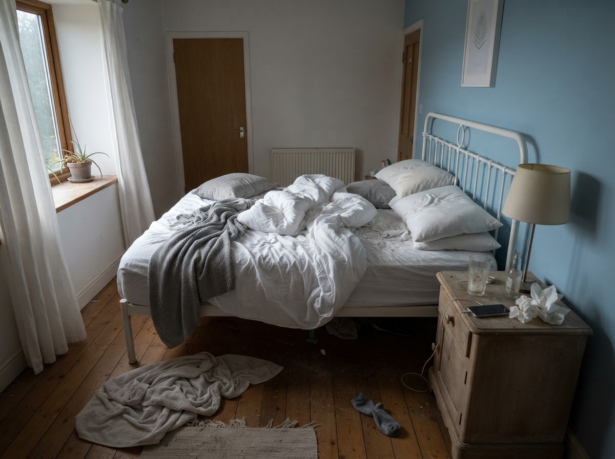 A messy, unmade vacation rental bedroom between guests