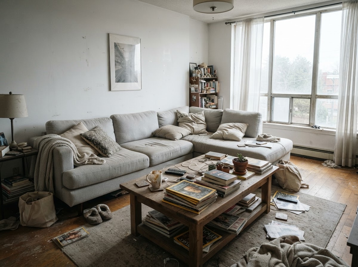 A cluttered, dusty living room before a standard cleaning