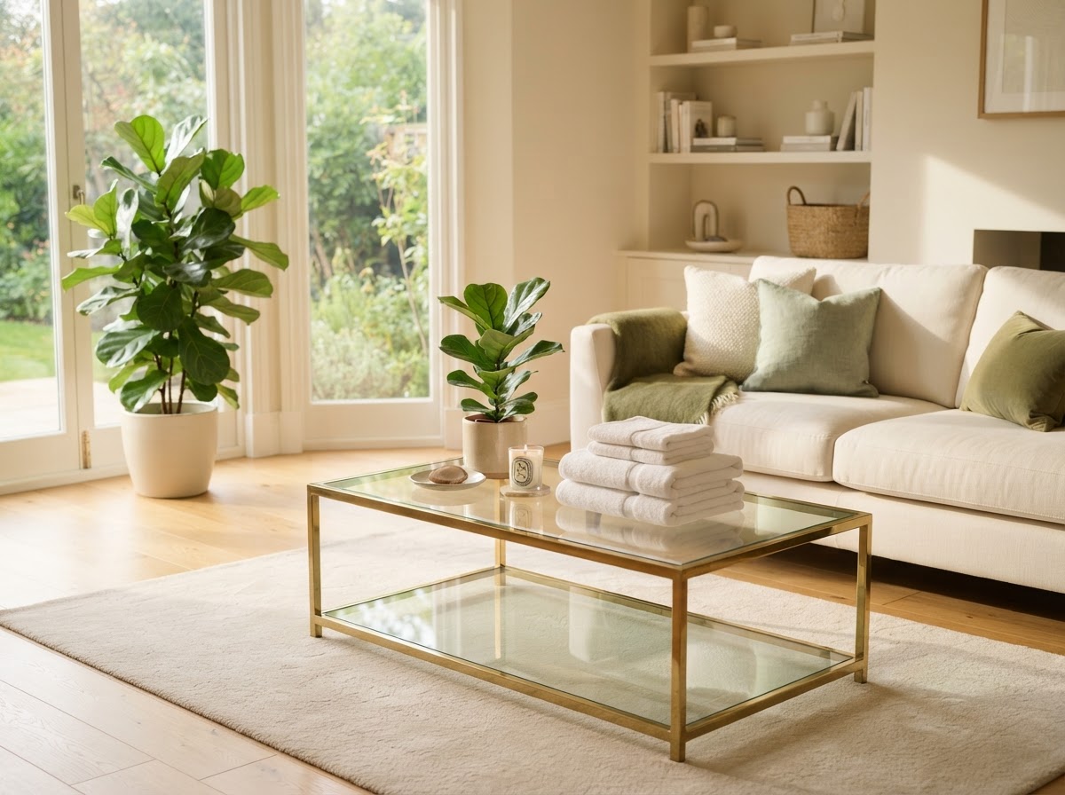 A freshly cleaned, tidy sunlit living space